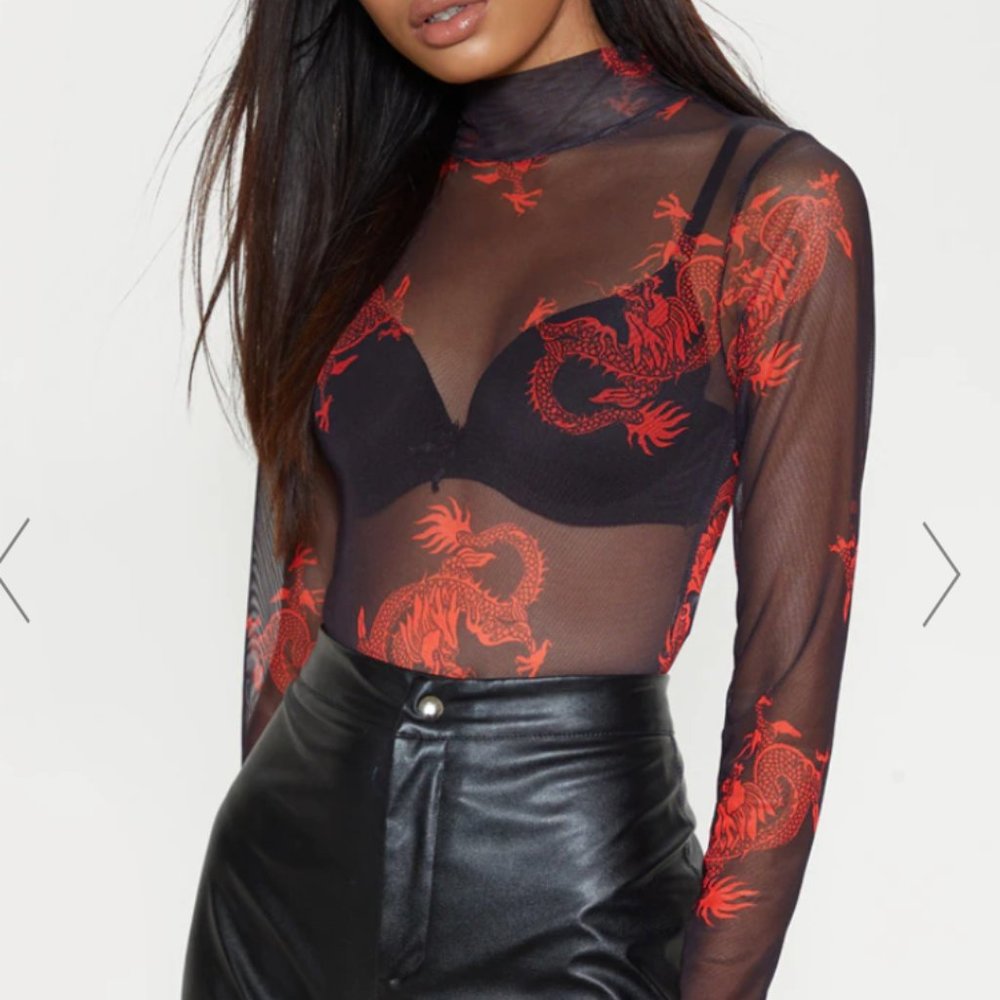Black Dragon Printed High Neck Bodysuit